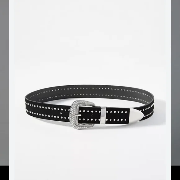 Anthropologie Rhinestone Studded Black Leather Belt Silver Accents Western NWOT - Picture 3 of 10